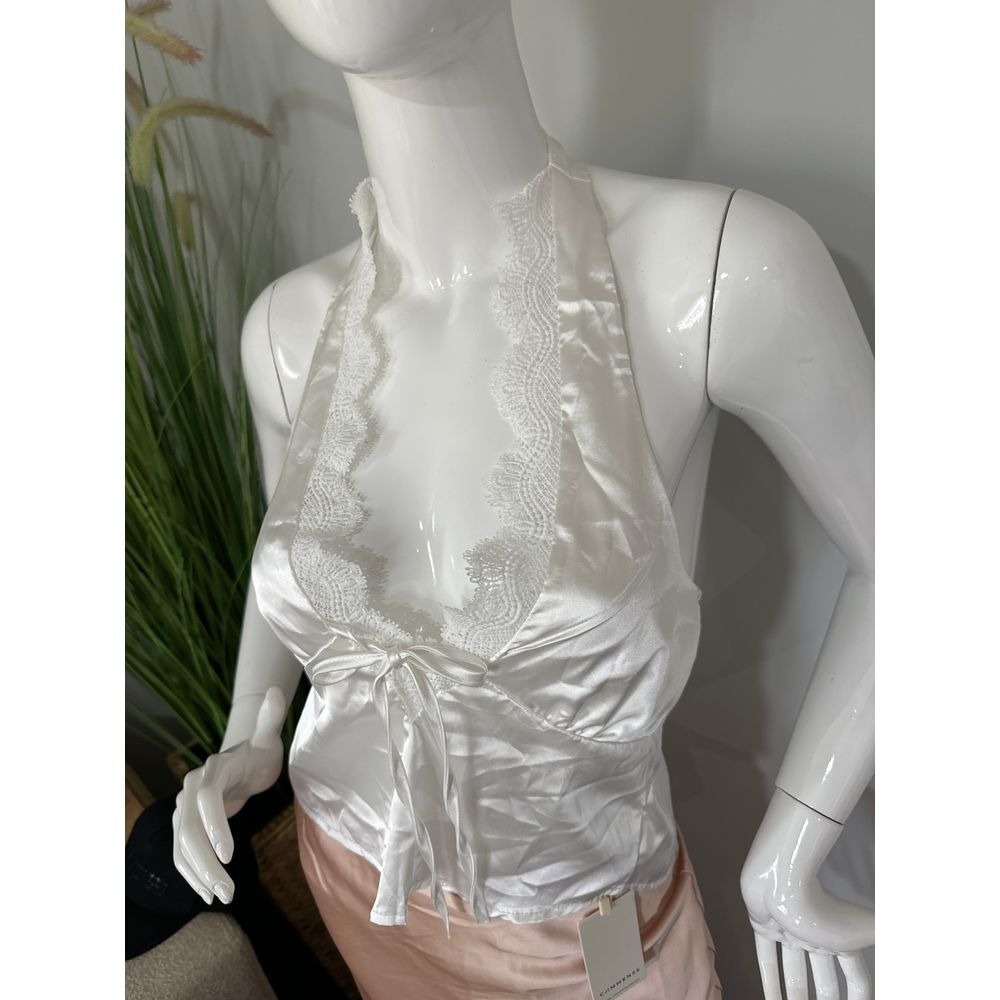 Commense Y2K White Satin Halter Top Lace Trim Plunge Backless Crop Size S - Picture 5 of 11